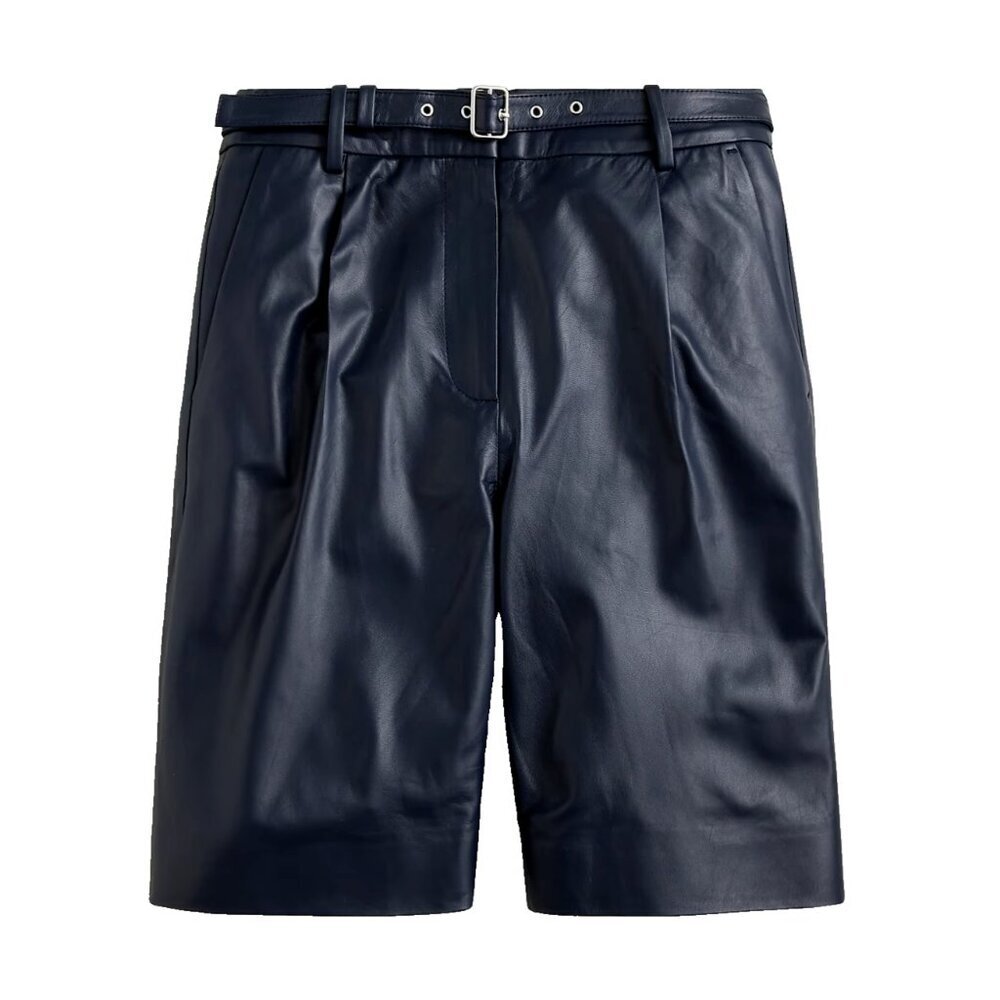 NWT J.Crew Collection Pleated Trouser Short in Navy Leather Belted Shorts 6 $428